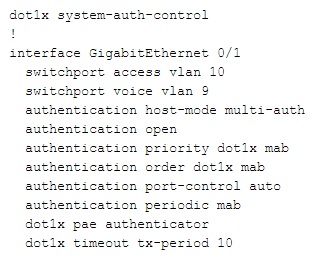 An administrator has configured the switch for 802.1X monitor mode. His configuration is shown in the output below. Which is true regarding the configuration? 