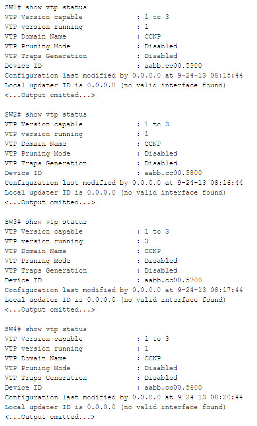 VTP has been configured and all VLANs have been configured as private VLANs. An administrator has discovered that VTP updates are not propagating to all the switches. Refer to the output.<br />Which switch should you troubleshoot?