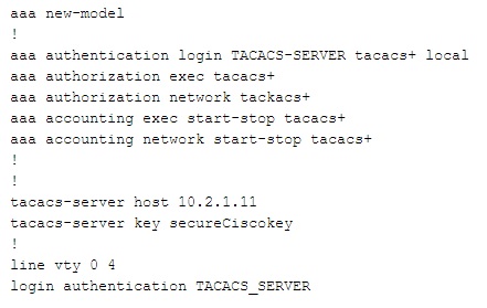 A new directive from the CIO at ACME Inc. requires an AAA login policy named TACACS_SERVER to be configured. The first authentication method to be specified in the policy should be TACACS+. The local database should be used as the second authentication method. The IP address of the TACACS+ server is 10.2.1.1. In addition, an encryption key called secureCiscokey is to be configured. The policy must be applied to all five vty lines. The directive was assigned to an administrator. After completing the configuration, the \